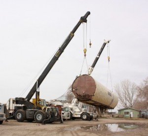 Two Cranes Lifted Long Large Tank